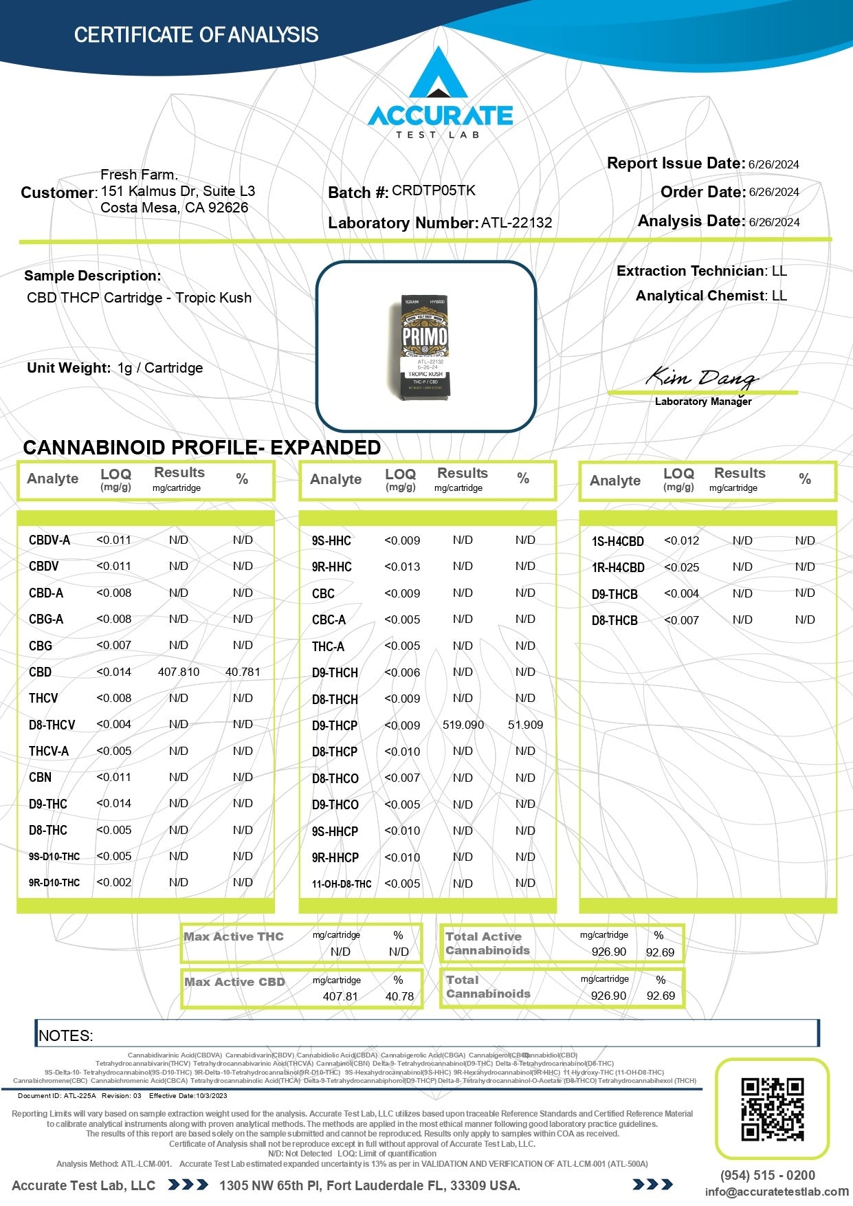 Half Bak'd PRIMO- 1G Cartridge TROPIC KUSH